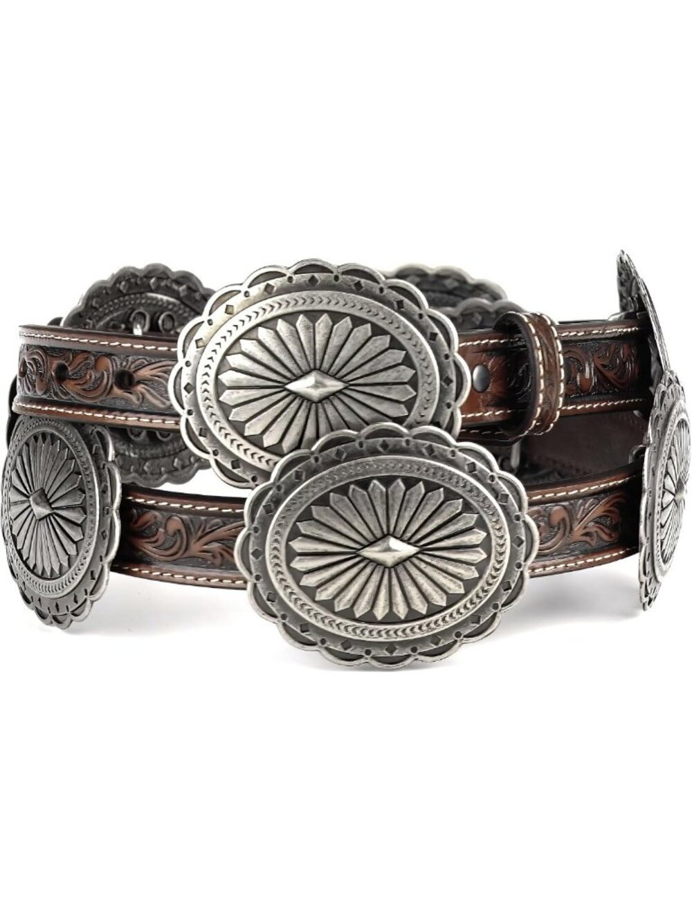 Stylish Women's Tooled Leather Belt with Silver Oval Concho - Perfect Accessory!